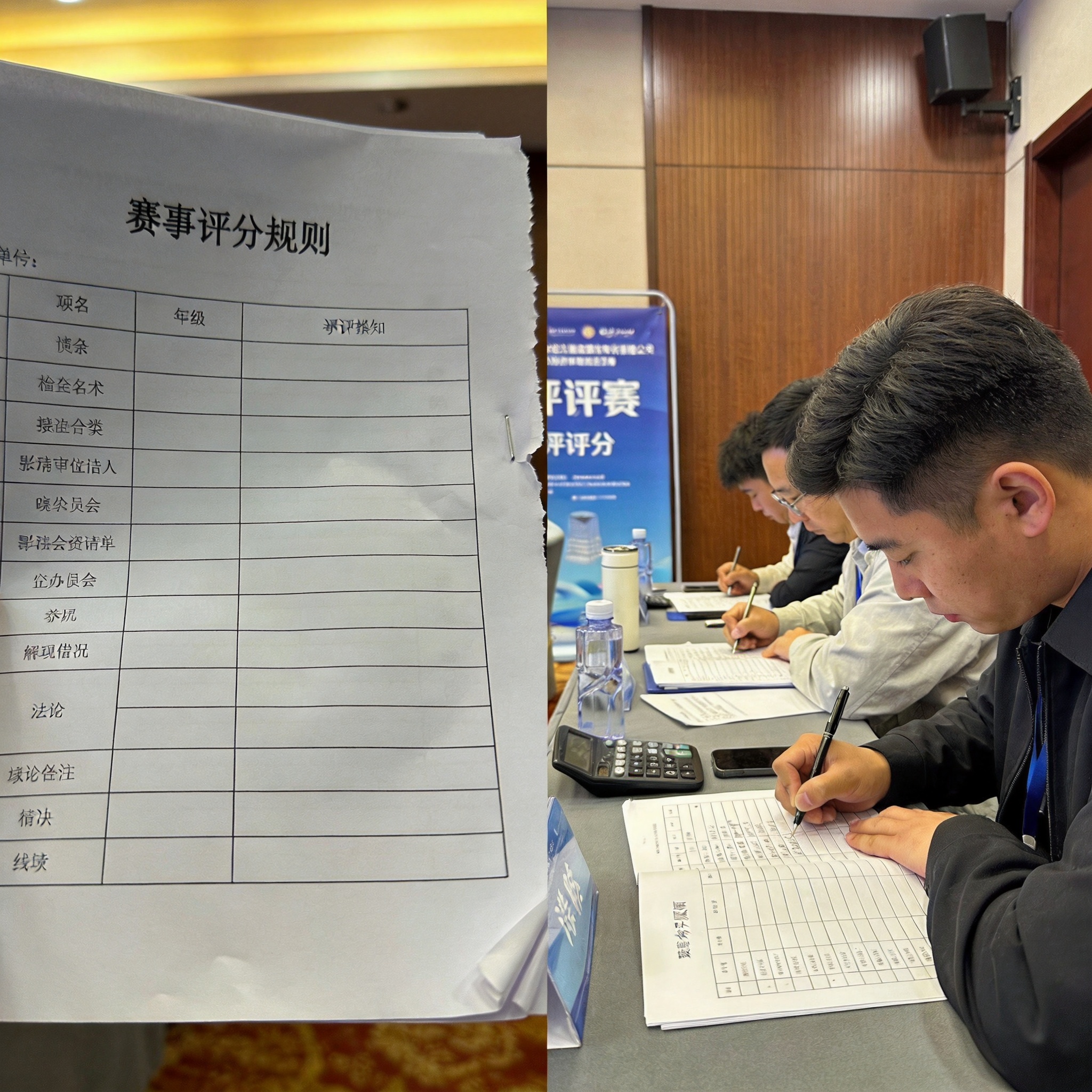 赛事评分规则文件特写与评委打分现场
